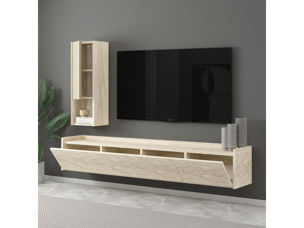 Drewniany stojak TV "Sema" z półką ścienną - 160 x 30 x 35 cm - Trawertyn