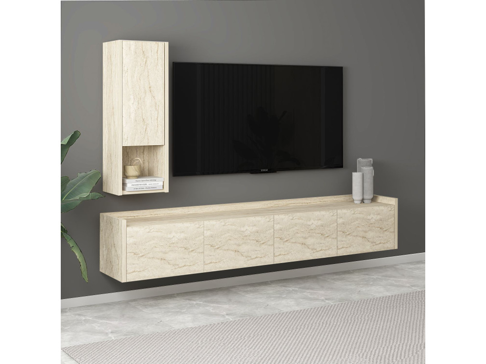 Drewniany stojak TV "Sema" z półką ścienną - 160 x 30 x 35 cm - Trawertyn