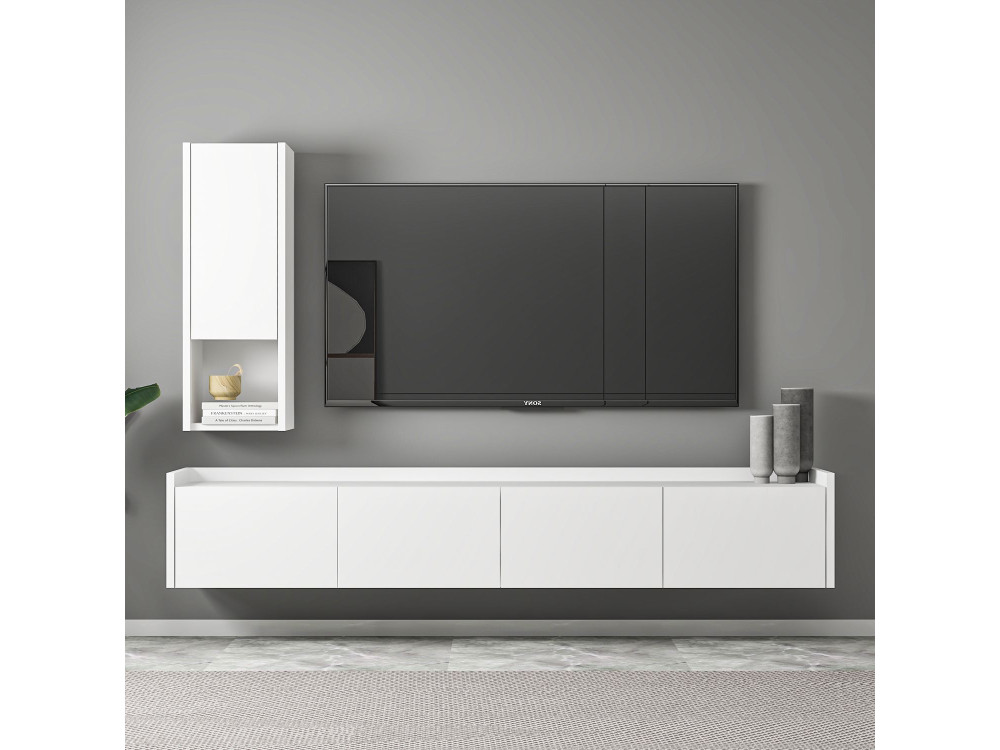 Drewniana szafka pod telewizor "Sema" z półką ścienną - 160 x 30 x 35 cm - Biały