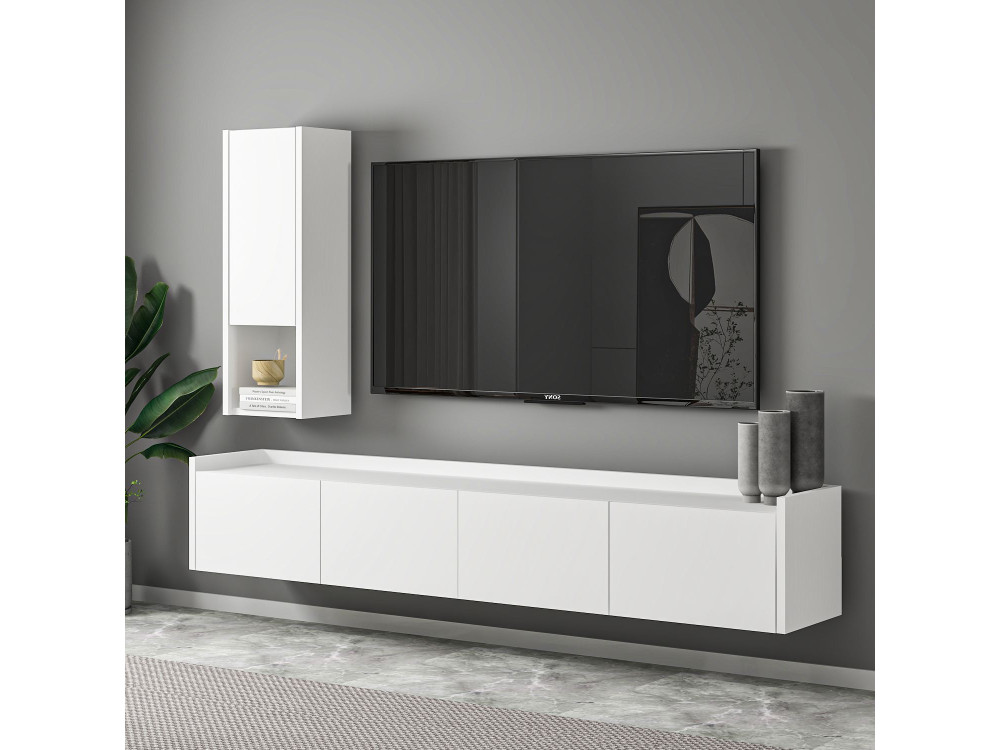 Drewniana szafka pod telewizor "Sema" z półką ścienną - 160 x 30 x 35 cm - Biały