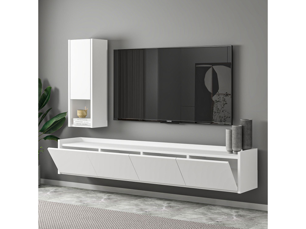 Drewniana szafka pod telewizor "Sema" z półką ścienną - 160 x 30 x 35 cm - Biały