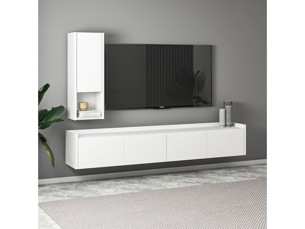 Drewniana szafka pod telewizor "Sema" z półką ścienną - 160 x 30 x 35 cm - Biały