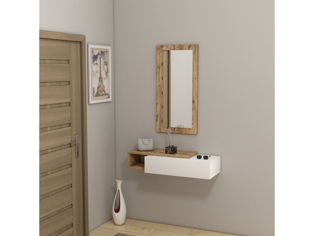 Drewniana konsola "Vien" z lustrem - 82 x 29 x 15 cm - Biały