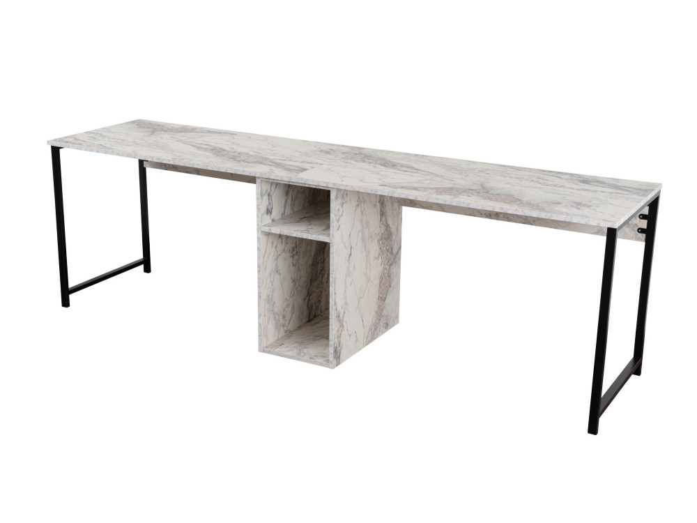 Podwójne biurko "Twin" z 2 drewnianymi półkami - 240 x 60 x 74 cm - Marmurkowa biel