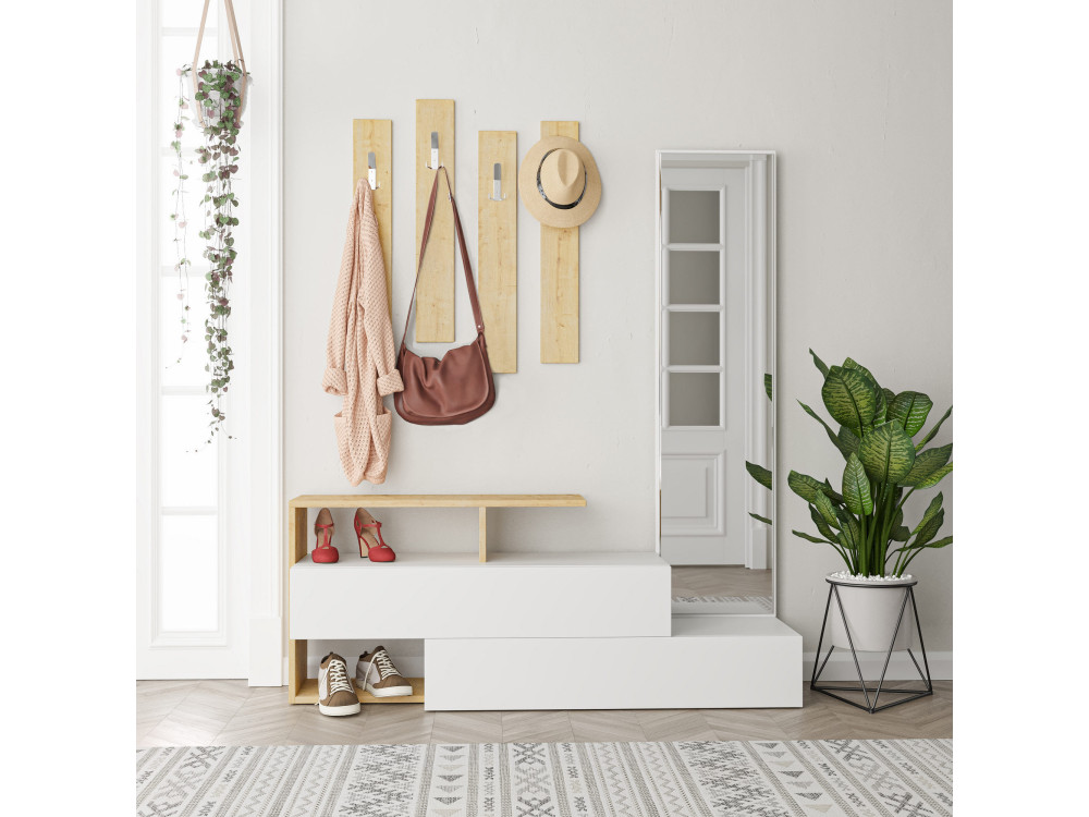 Szafka do przedpokoju "Ramda" z drewnianym lustrem - 137 x 35 x 154 cm - Beżowy