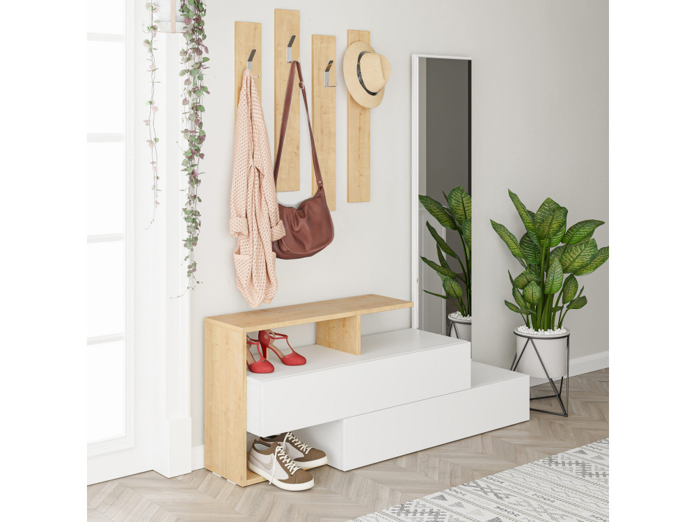 Szafka do przedpokoju "Ramda" z drewnianym lustrem - 137 x 35 x 154 cm - Beżowy