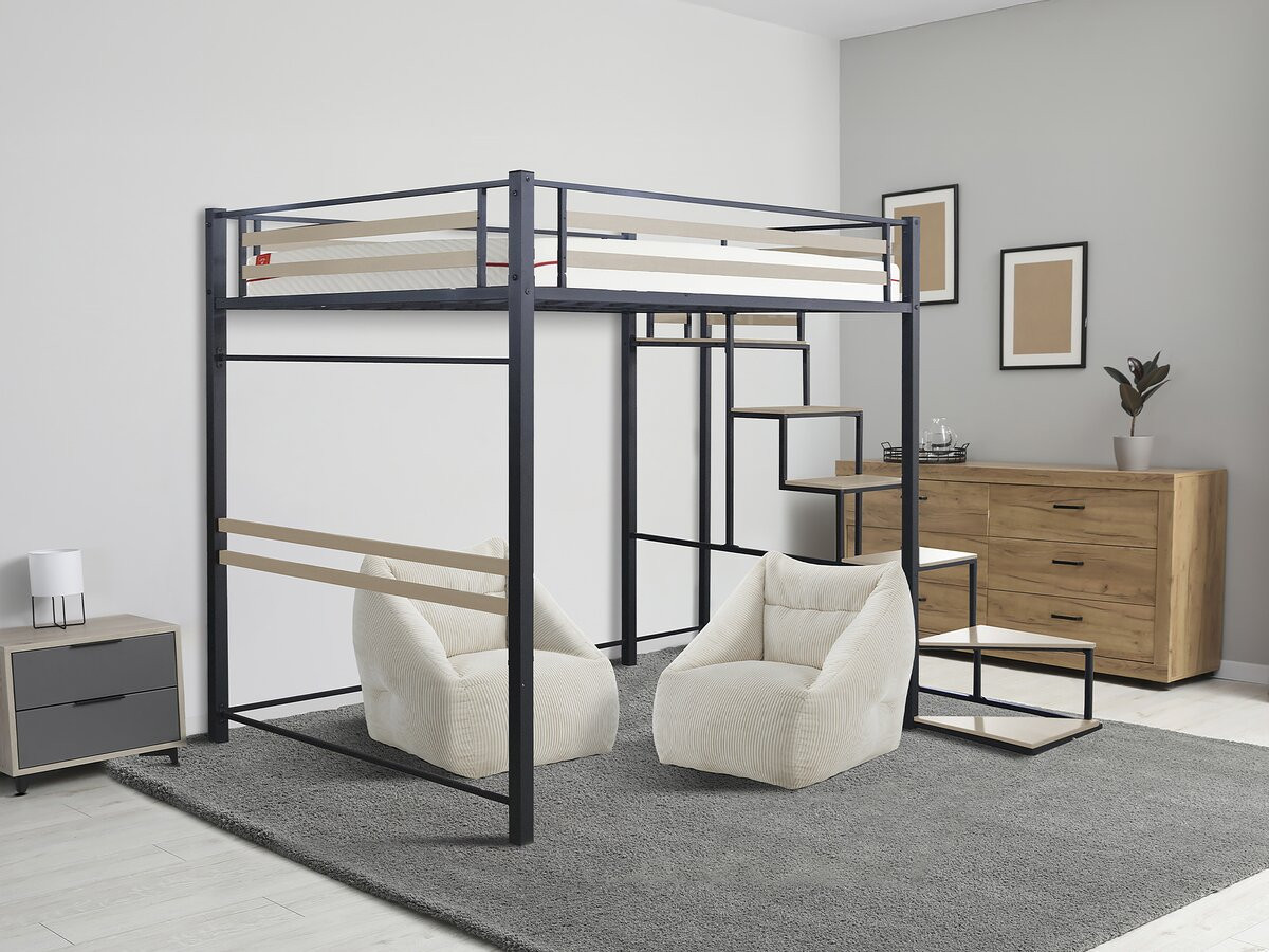 Czarne metalowe łóżko na antresoli LENA ze schodami, materac 140 x 190 cm, do urządzenia małej kawalerki