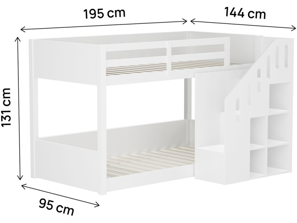 Drewniane łóżko piętrowe z drabinką i schowkami „Léana” – 90 x 190 cm – białe