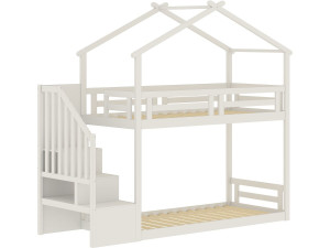 Łóżko piętrowe typu „domek” z drewnianymi schodkami „Oriana” – 90 x 190 cm – beżowe
