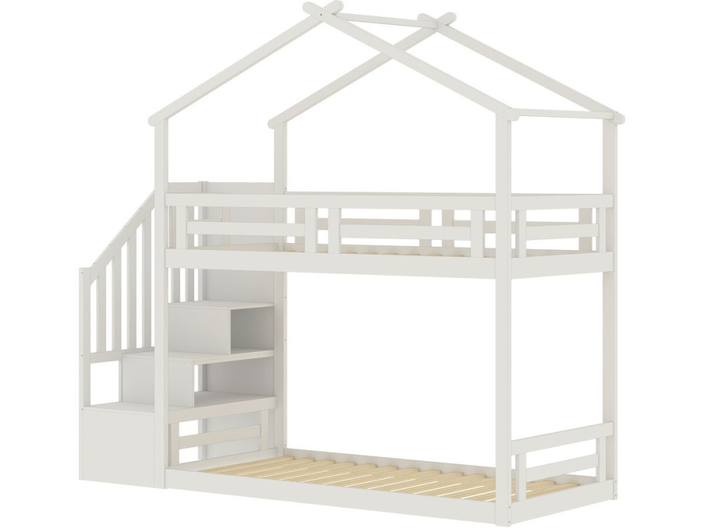 Łóżko piętrowe typu „domek” z drewnianymi schodkami „Oriana” – 90 x 190 cm – beżowe