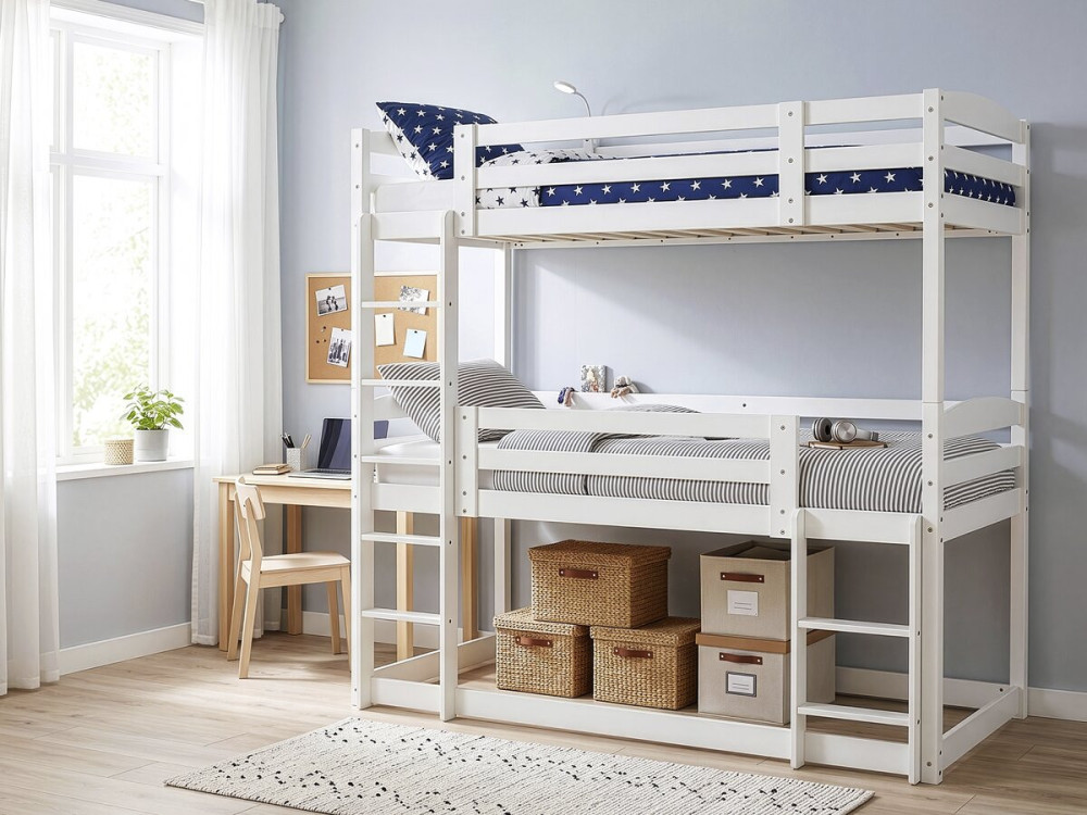 Drewniane łóżko piętrowe z drabinką „Sephora” – 90 x 190 cm – białe