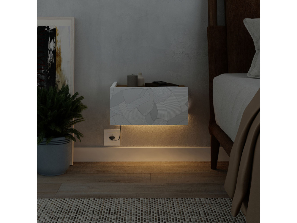 Drewniany stolik nocny "Onda" z lampką LED - 38 x 31 x 18 cm - Biały