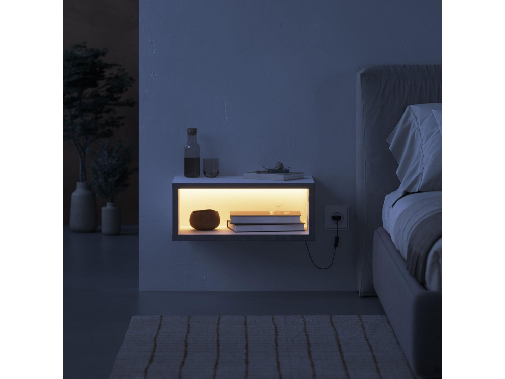 Drewniany stolik nocny "Brik" z oświetleniem LED - 45 x 30 x 18 cm - Biały