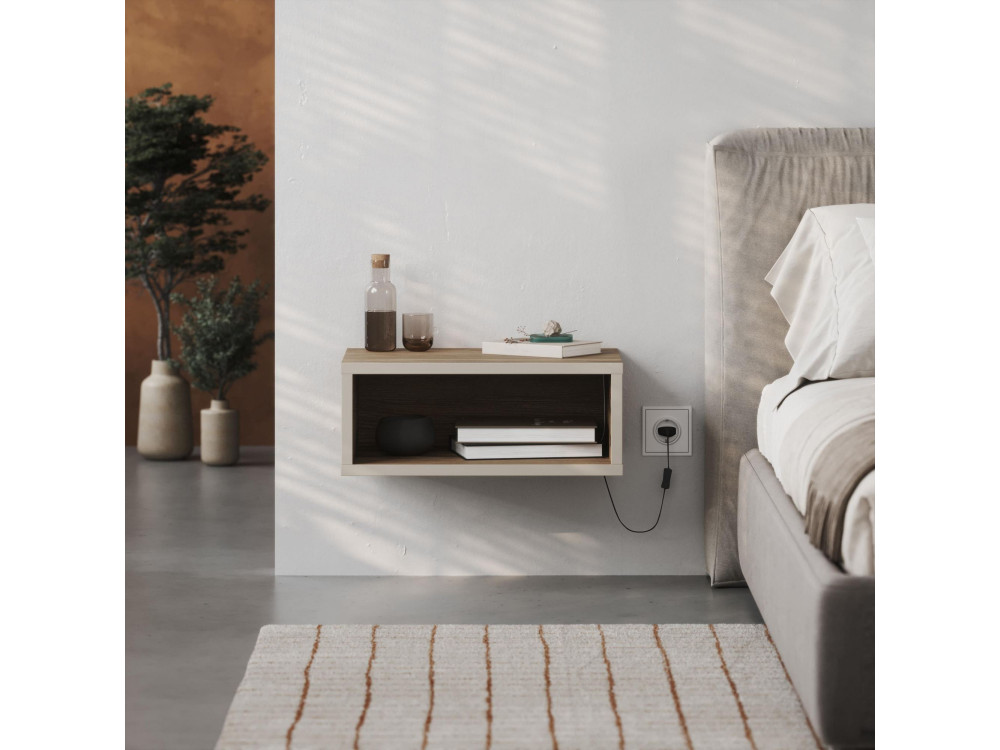 Drewniany stolik nocny "Brik" z lampką LED - 45 x 30 x 18 cm - Brązowy