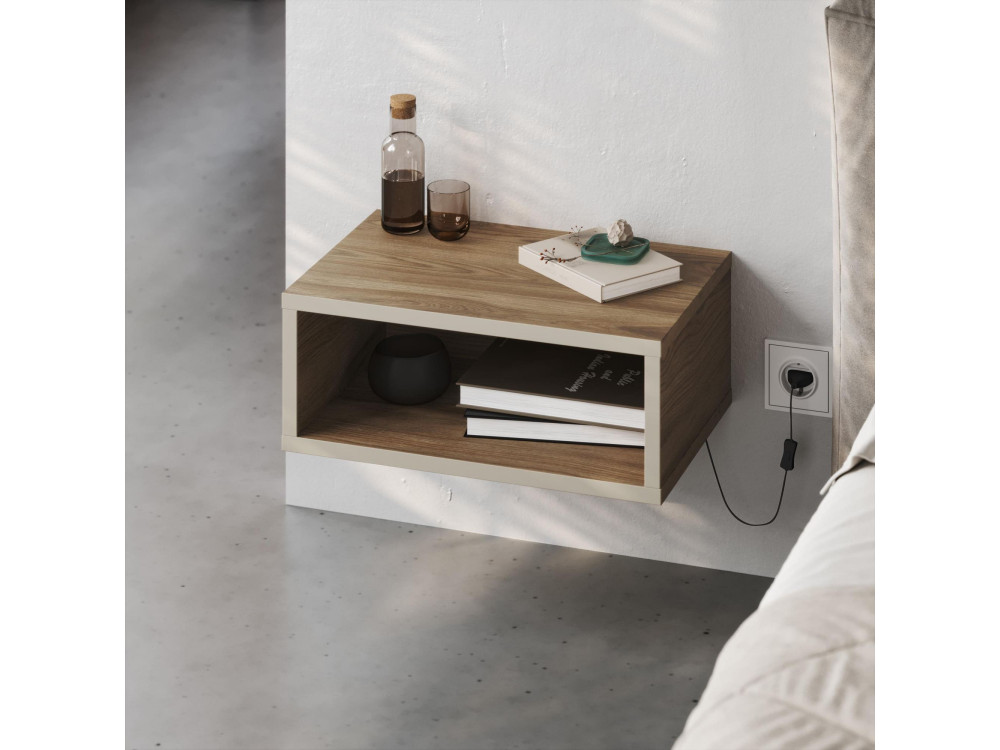Drewniany stolik nocny "Brik" z lampką LED - 45 x 30 x 18 cm - Brązowy