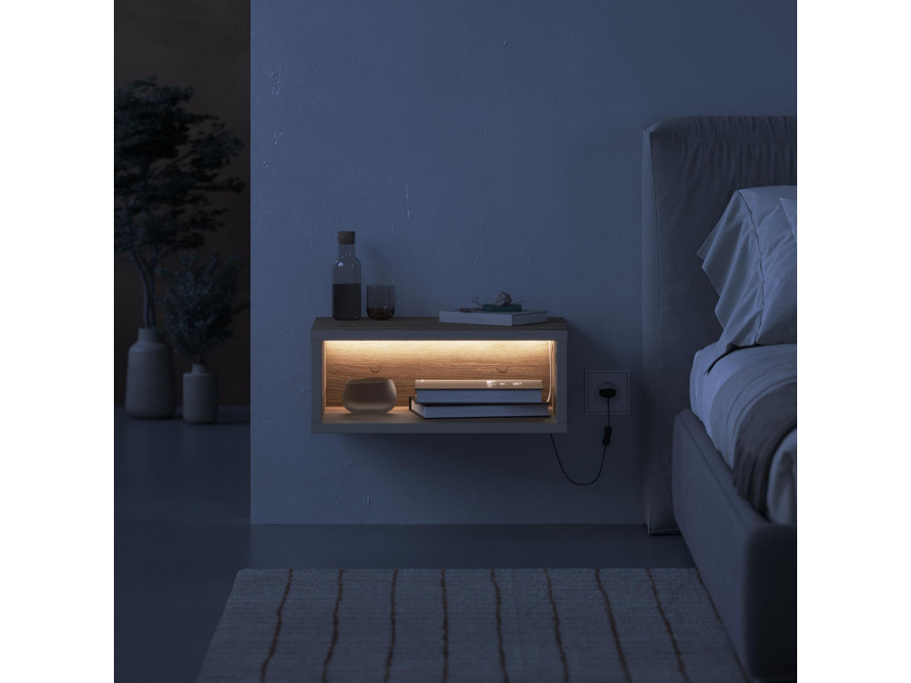 Drewniany stolik nocny "Brik" z lampką LED - 45 x 30 x 18 cm - Brązowy
