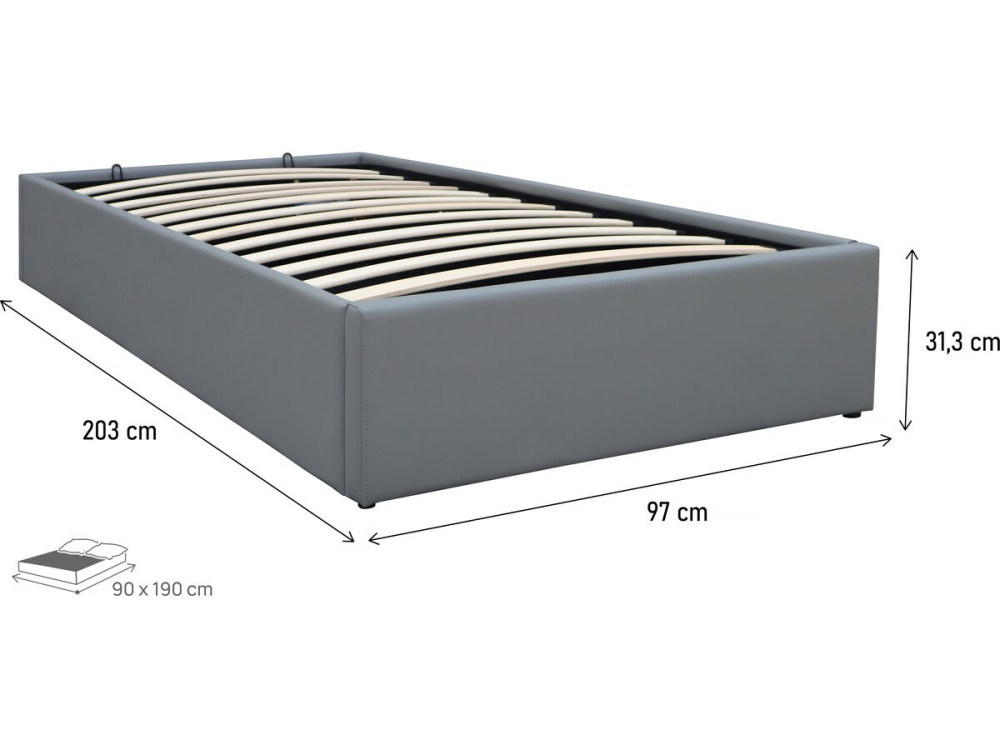 Łóżko pojedyncze "Ava" PVC z pojemnikiem - 90 x 190 cm - Szare