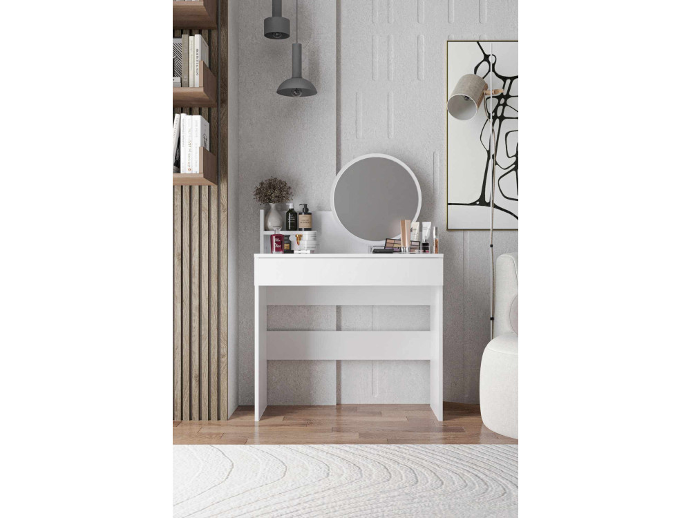 Okrągła toaletka "Harmony Mini" z drewnianym lustrem - 90 x 40 x 133 cm - Biały