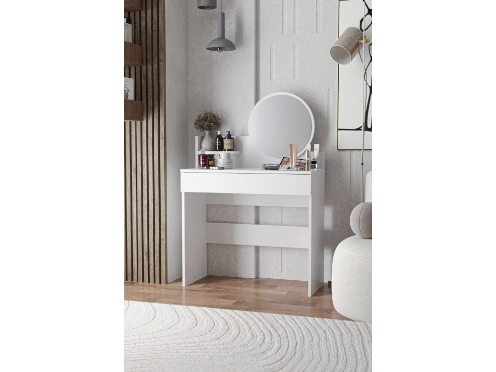 Okrągła toaletka "Harmony Mini" z drewnianym lustrem - 90 x 40 x 133 cm - Biały