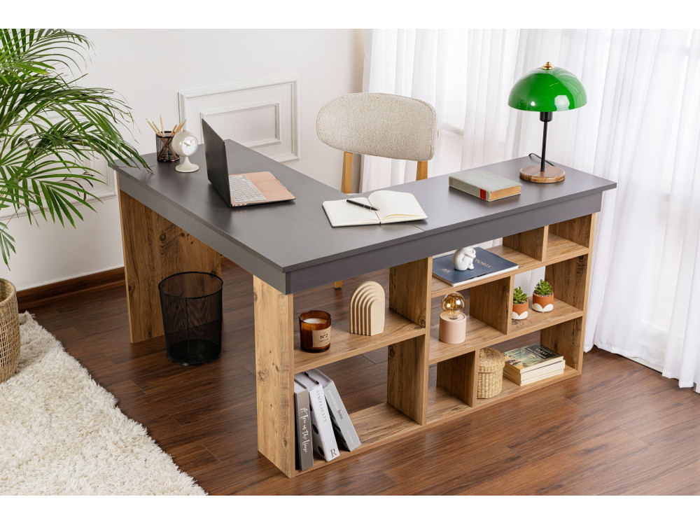 Drewniane biurko gabinetowe "Vesper" - 130 x 120 x 72 cm - AntracytSosna Atlantycka