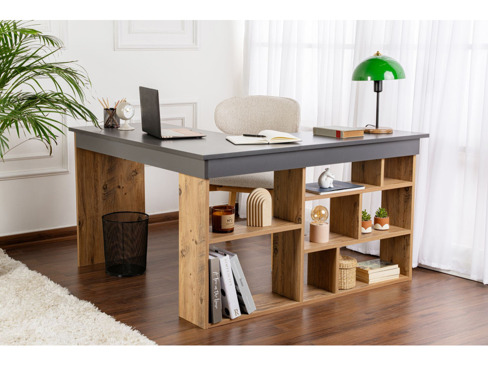 Drewniane biurko gabinetowe "Vesper" - 130 x 120 x 72 cm - AntracytSosna Atlantycka