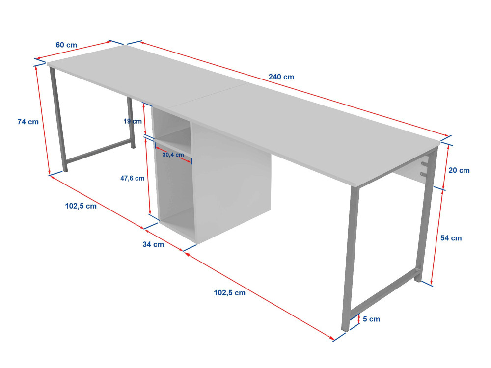 Podwójne biurko do gabinetu - 240 x 60 x 74 cm - TravertinOr
