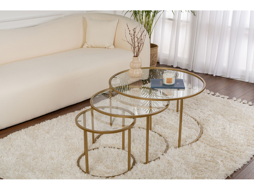 Zestaw 3 metalowych stolików kawowych "Aurum" - 80 x 80 x 43 cm - Przezroczyste złoto