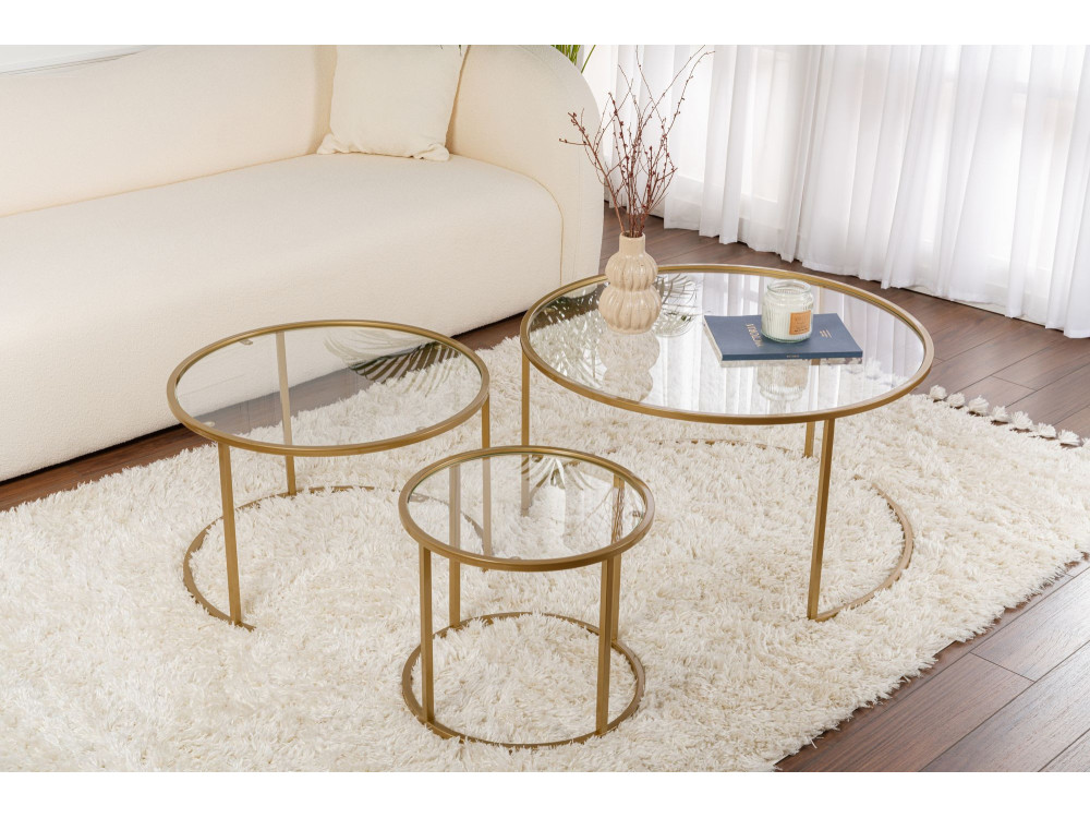 Zestaw 3 metalowych stolików kawowych "Aurum" - 80 x 80 x 43 cm - Przezroczyste złoto