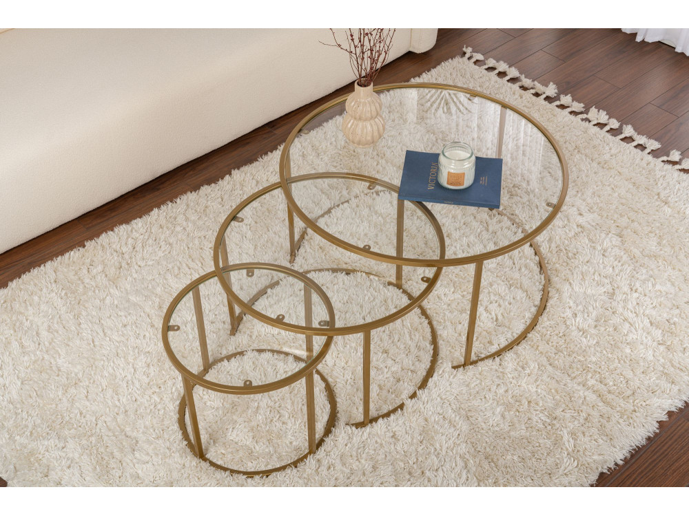 Zestaw 3 metalowych stolików kawowych "Aurum" - 80 x 80 x 43 cm - Przezroczyste złoto