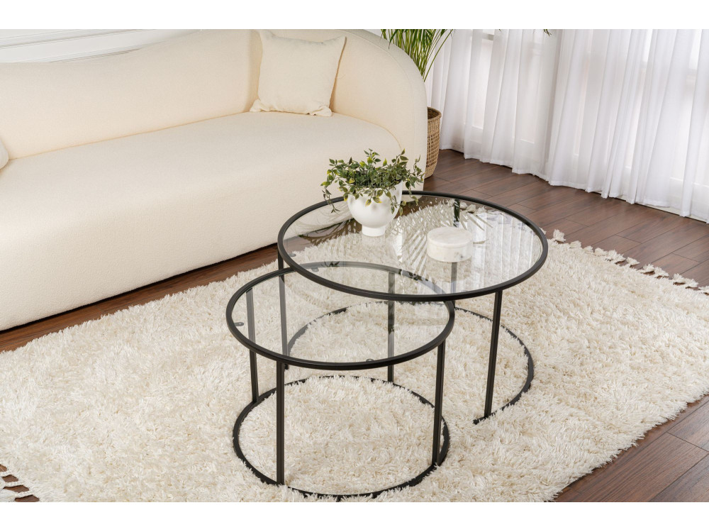 Zestaw 2 metalowych stolików kawowych "Aurum" - 80 x 80 x 43 cm - Czarny przezroczysty