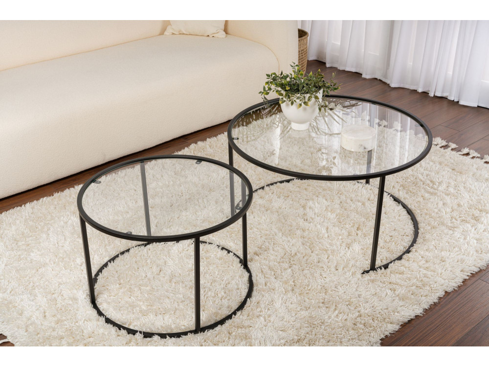 Zestaw 2 metalowych stolików kawowych "Aurum" - 80 x 80 x 43 cm - Czarny przezroczysty