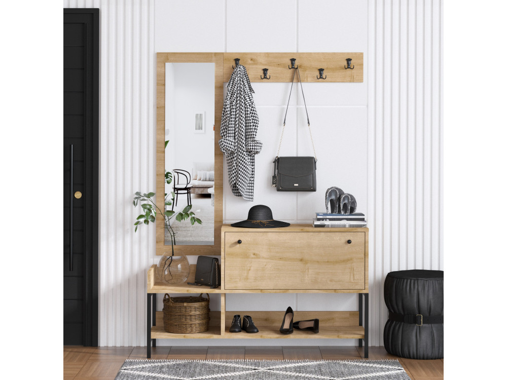 Drewniana szafka na buty "Nonso" z lustrem - 120 x 35 x 70 cm - Beżowy