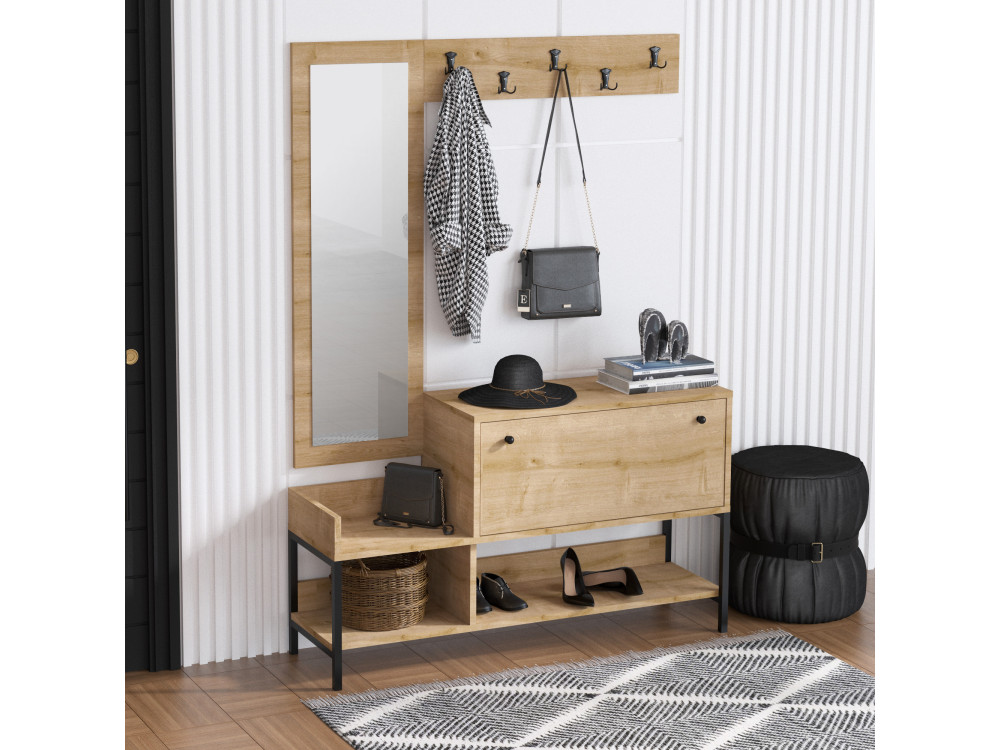 Drewniana szafka na buty "Nonso" z lustrem - 120 x 35 x 70 cm - Beżowy