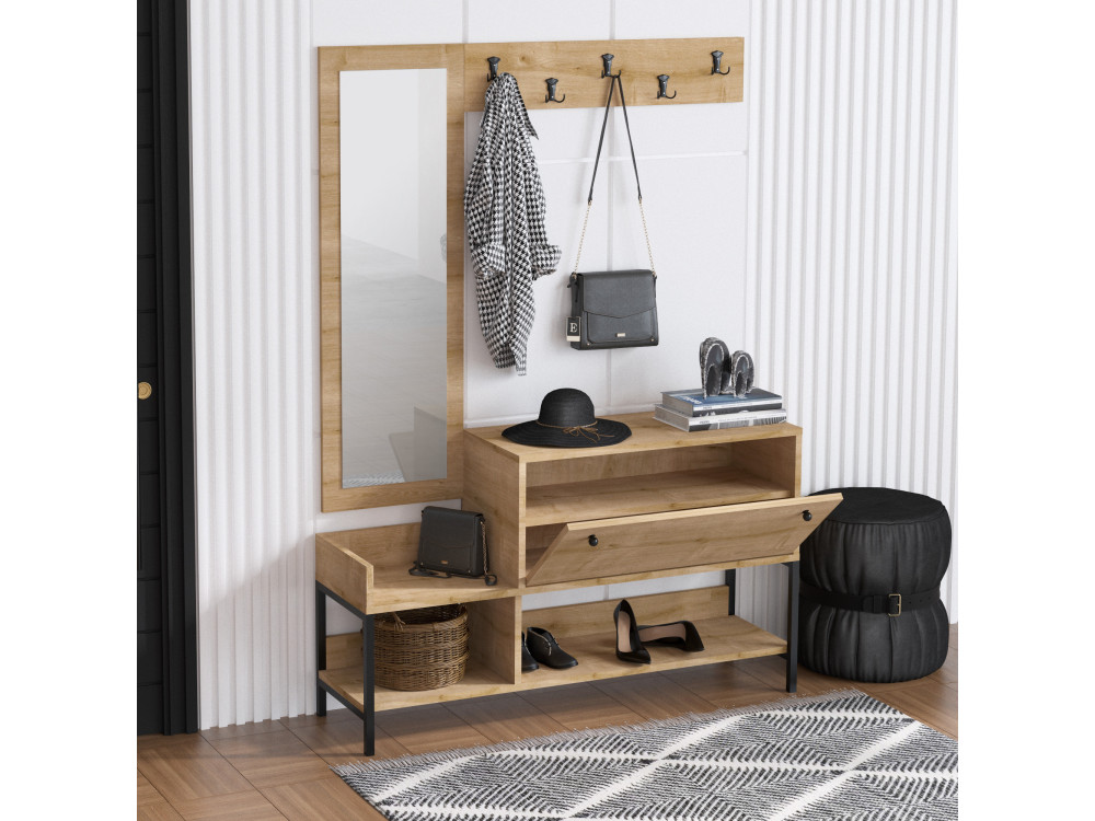 Drewniana szafka na buty "Nonso" z lustrem - 120 x 35 x 70 cm - Beżowy