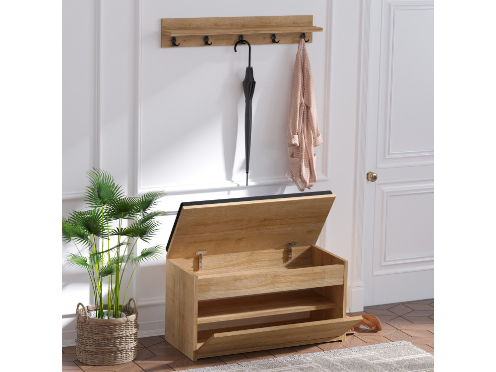 Drewniana szafka na buty "Boby" z ławką - 80 x 35 x 42 cm - Beżowy