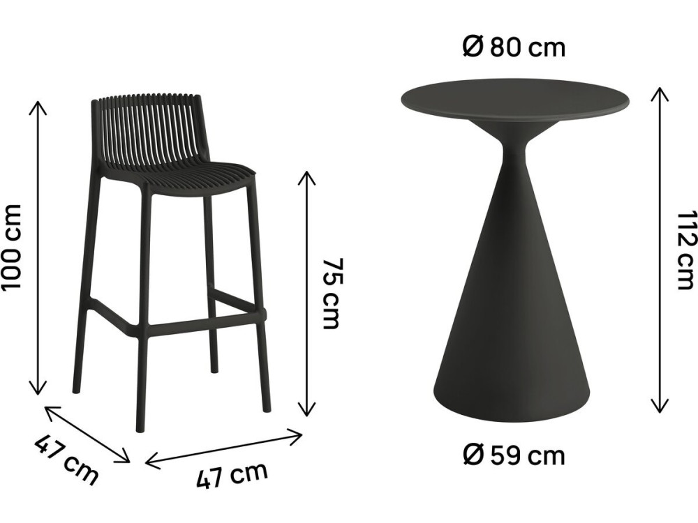 Stół ogrodowy bistro "Néora" i wysokie krzesła - 2 miejsca - Czarny
