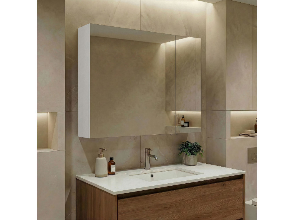 Szafka łazienkowa z lustrem „Side 80” – 79 x 16 x 66 cm – matowa biel