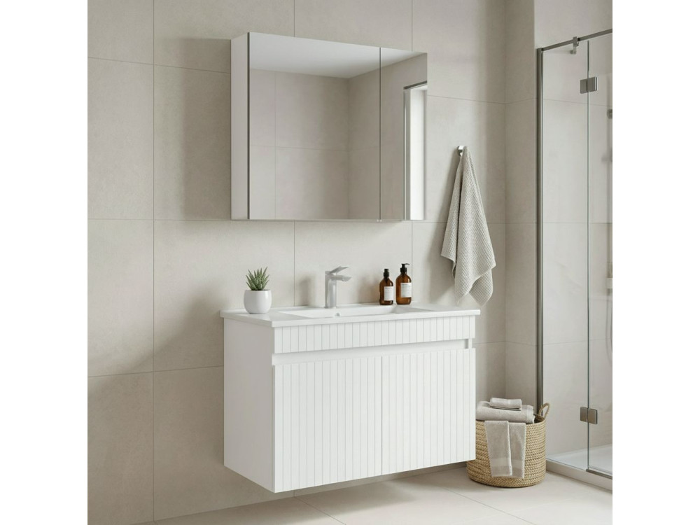 Zestaw szafki pod umywalkę z lustrem (2 elementy) „Tivoli 85” – 85 x 45 x 57 cm – matowa biel