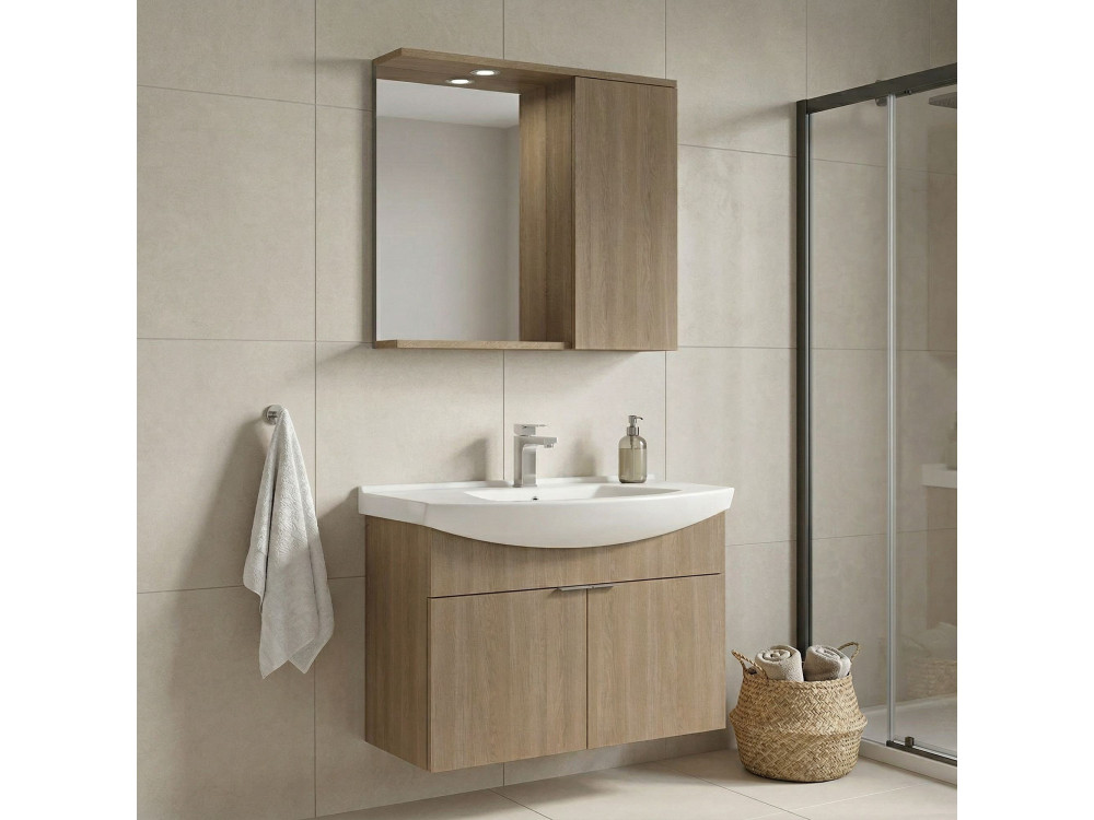 Zestaw szafki pod umywalkę z lustrem (2 elementy) „Purus 80” – 80 x 50 x 58 cm – dąb