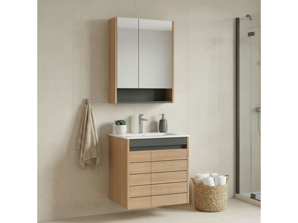 Zestaw szafki pod umywalkę z lustrem (2 elementy) „Ricato 60” – 61 x 47 x 62 cm – dąb
