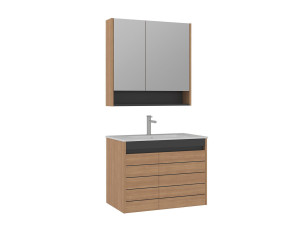 Zestaw szafki pod umywalkę z lustrem (2 elementy) „Ricato 80” – 81 x 47 x 62 cm – dąb