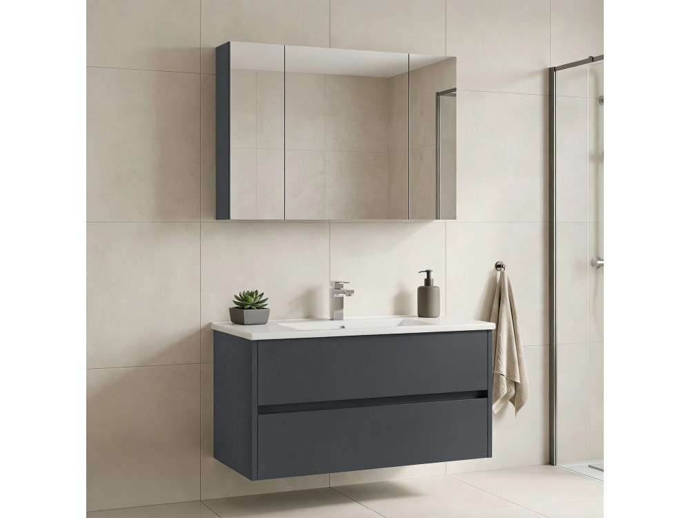 Zestaw szafki pod umywalkę z lustrem (2 elementy) „Side 100 v3” – 100 x 16 x 52 cm – matowy antracyt