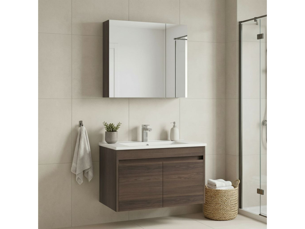 Zestaw szafki pod umywalkę z lustrem (2 elementy) „Side 100 v3” – 85 x 45 x 52 cm – orzech