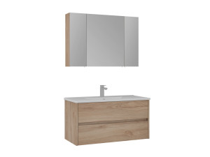 Zestaw szafki pod umywalkę z lustrem (2 elementy) „Side 100 v3” – 100 x 16 x 52 cm – dąb