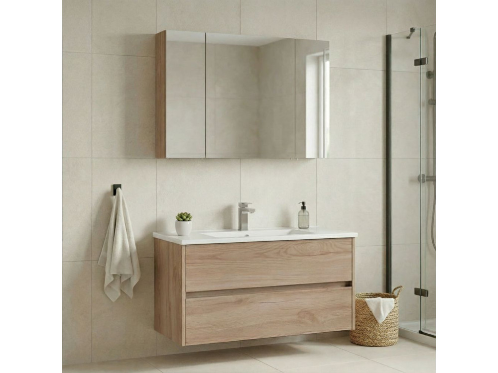 Zestaw szafki pod umywalkę z lustrem (2 elementy) „Side 100 v3” – 100 x 16 x 52 cm – dąb