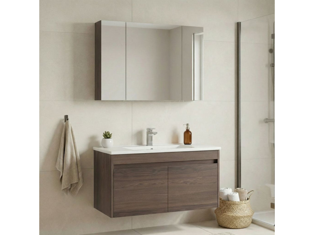 Zestaw szafki pod umywalkę z lustrem (2 elementy) „Side 100 v3” – 100 x 45 x 52 cm – orzech
