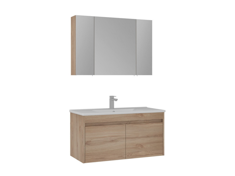Zestaw szafki pod umywalkę z lustrem (2 elementy) „Side 100 v3” – 100 x 45 x 52 cm – dąb