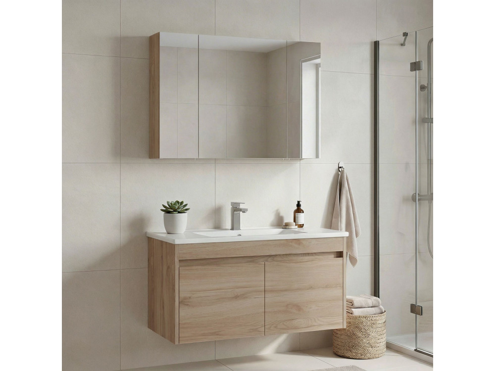 Zestaw szafki pod umywalkę z lustrem (2 elementy) „Side 100 v3” – 100 x 45 x 52 cm – dąb