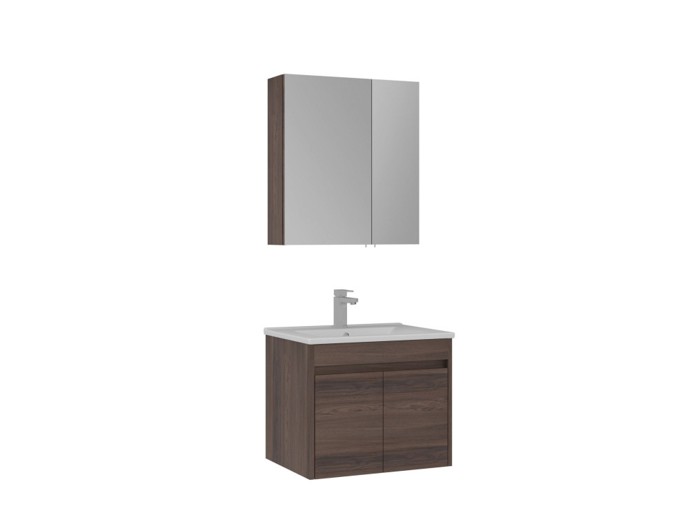 Zestaw szafki pod umywalkę z lustrem (2 elementy) „Side 65 v2” – 65 x 45 x 52 cm – orzech