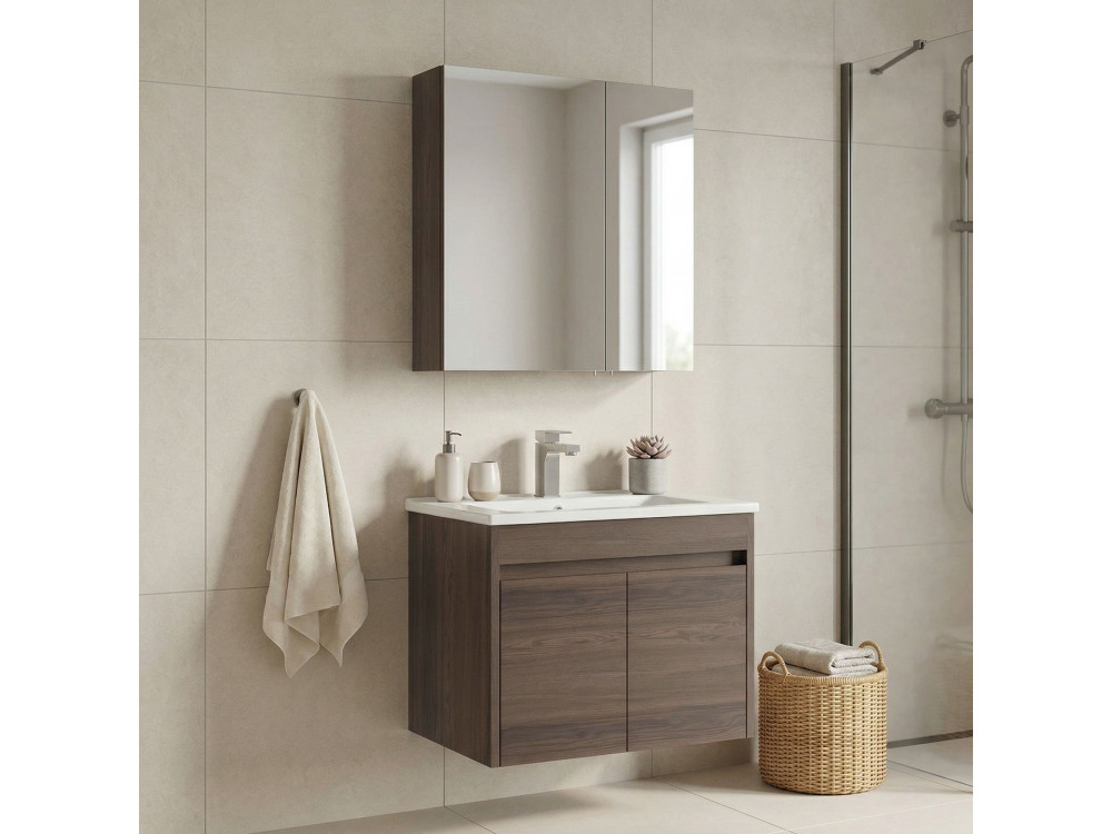Zestaw szafki pod umywalkę z lustrem (2 elementy) „Side 65 v2” – 65 x 45 x 52 cm – orzech